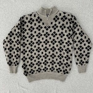 Vintage Gap Sweater Mens Large Gray Wool 1/4 Zip Mock Neck Geometric Knit 90s